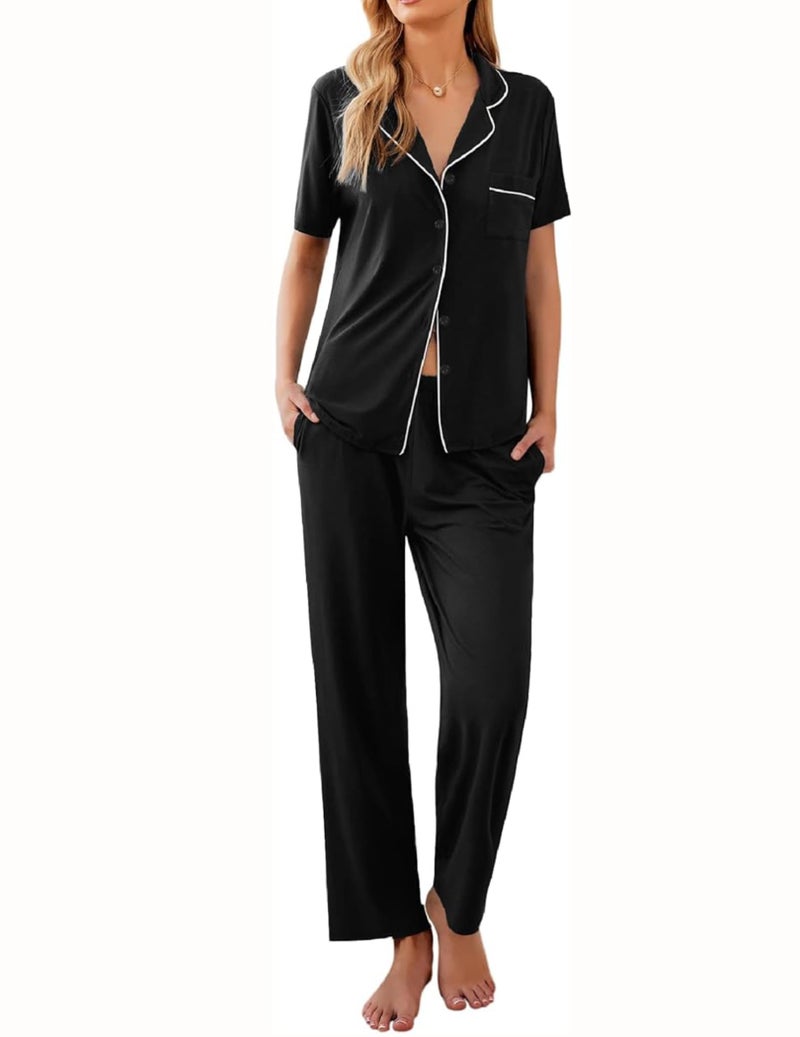 Ekouaer Women Pajamas Set Button Down Sleepwear Short Sleeve Nightwear with Long Pants Soft Pjs Set S-XXL Black M - Image 1